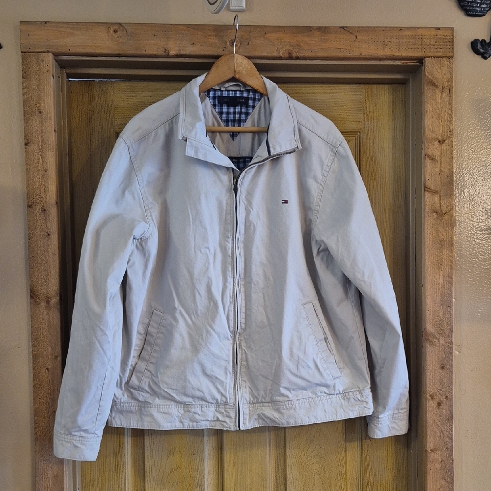 Tommy Hilfiger Zip Up Front Jacket 100% Cotton Tan Outter Blue Plaid In Large